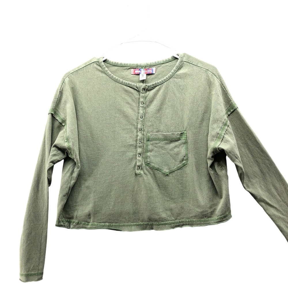 Urban Outfitters Henley Crop Long Sleeve T-Shirt Womens XS‎ Cotton Green